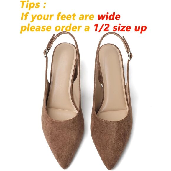Women's Brown 1 Pointed Closed Toe Slingback Chunky Heels Office Work Pump Shoes - Picture 4 of 9